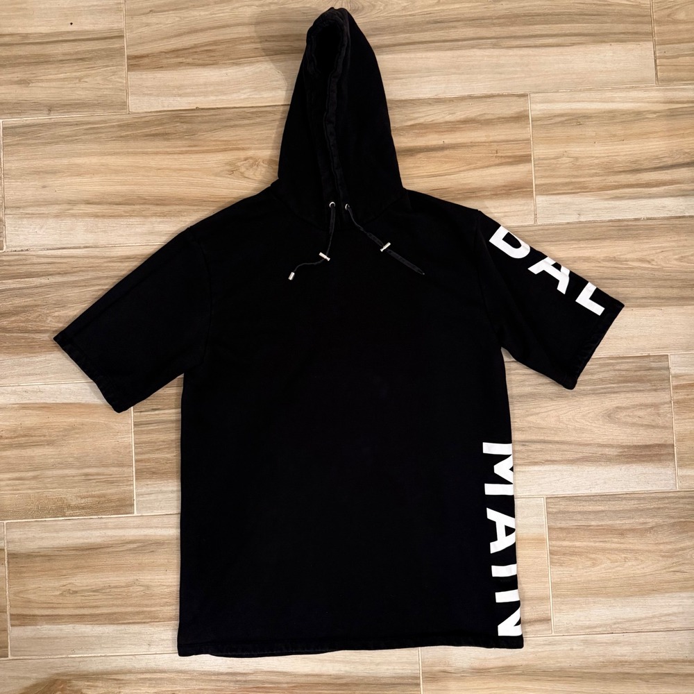 Balmain Paris Mens Black Short Sleeve Logo Hoodie Tee JL000BB15 Size L